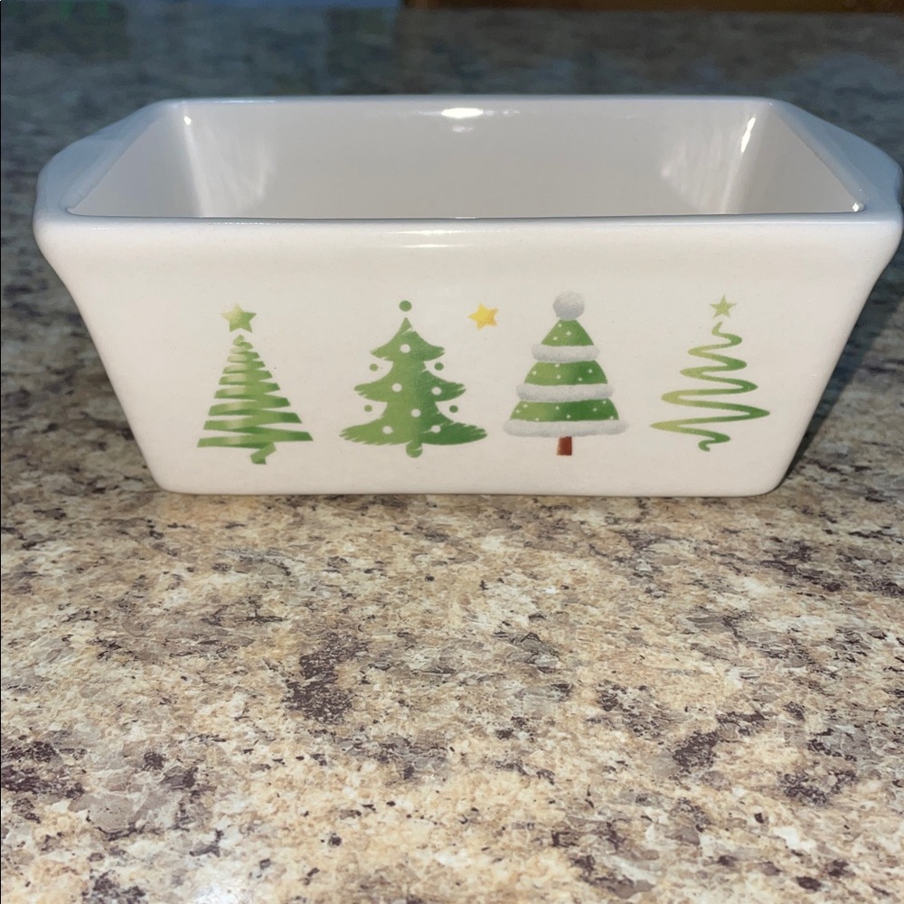 Old Time Pottery Christmas Tree Mini Loaf Pan. Glazed Stoneware. Oven Safe. EUC